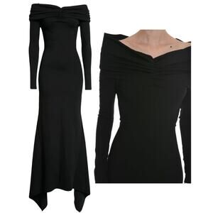 The Attico Black Off Shoulder Long Sleeve Asymmetrical Maxi Gown Sz 40 / US 4 6